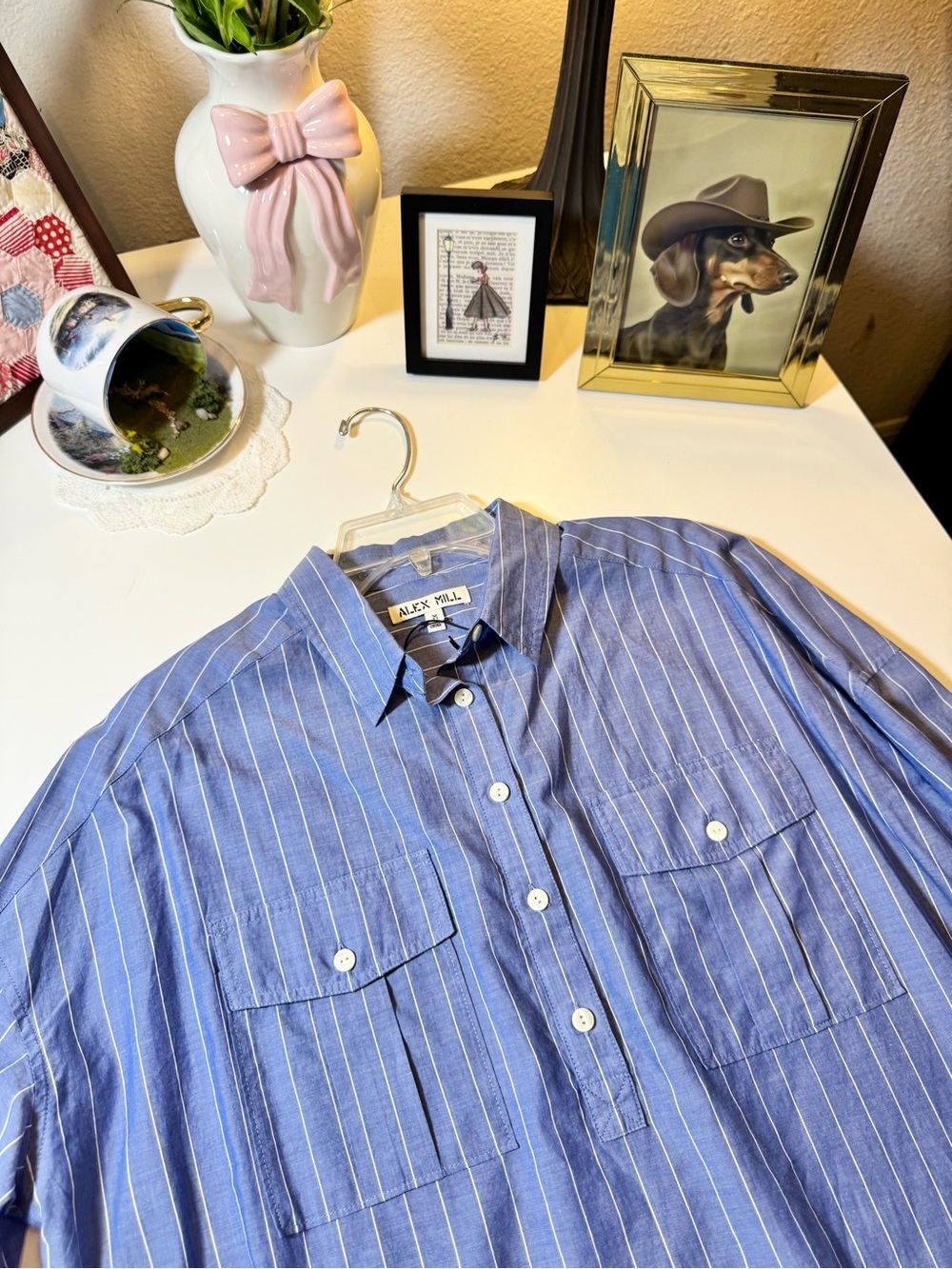 NWT Alex Mill Blue and White Striped Casual Popover Shirt Size Medium Loose Fit